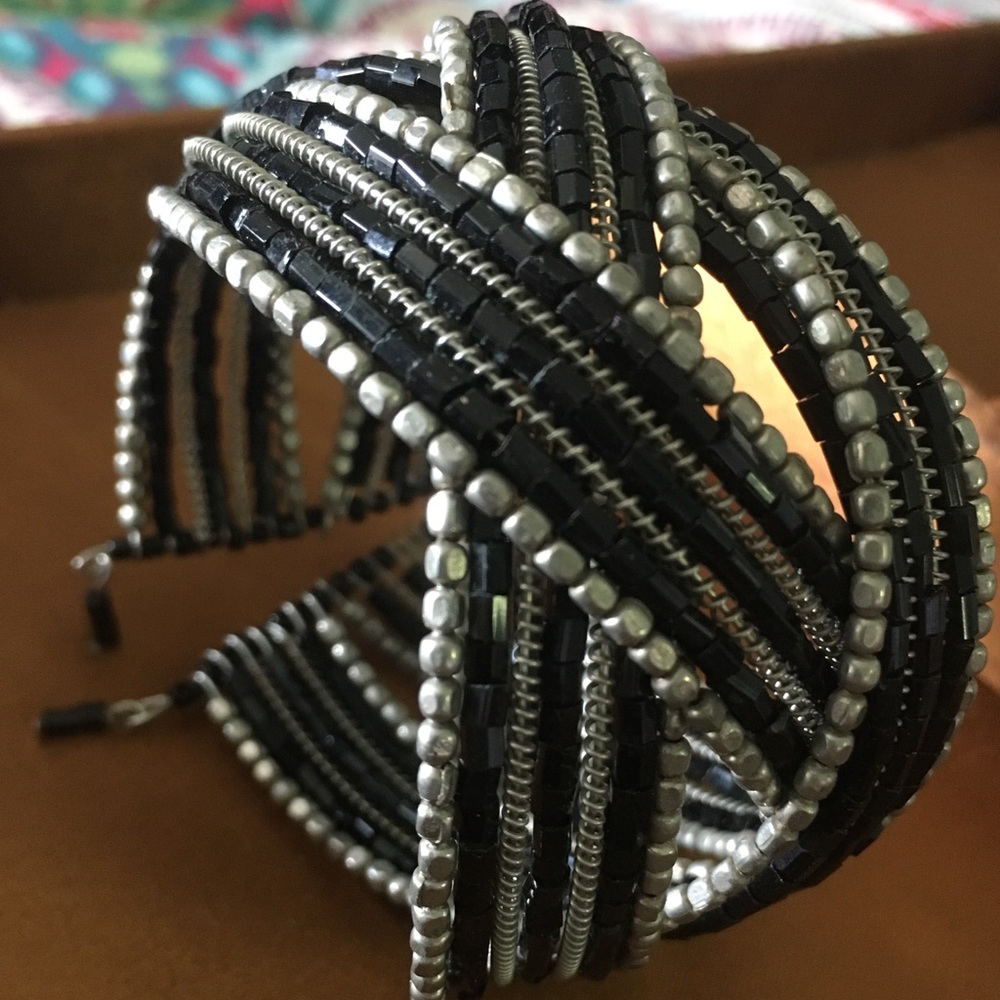 Black and Silver Beaded Cuff Bracelet